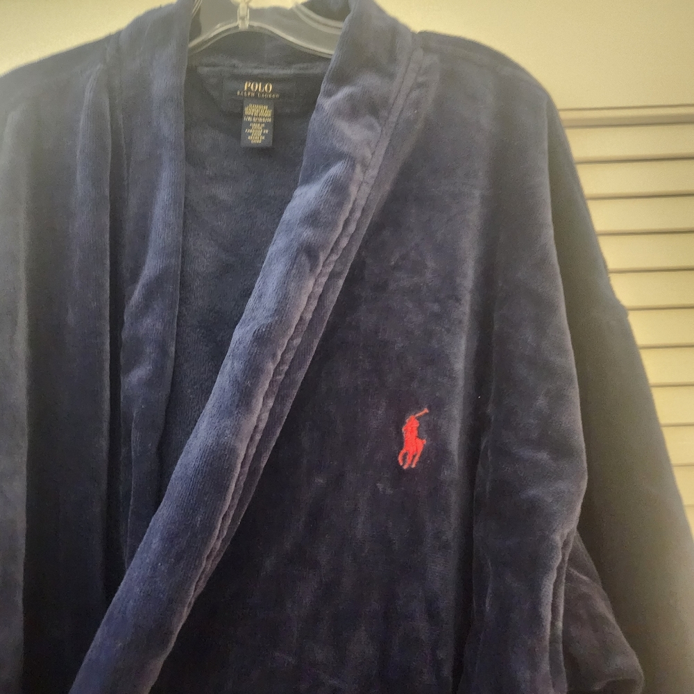 Polo Ralph Lauren Plush Monogram Pocket Bath Robe  Navy Blue Sz L/XL